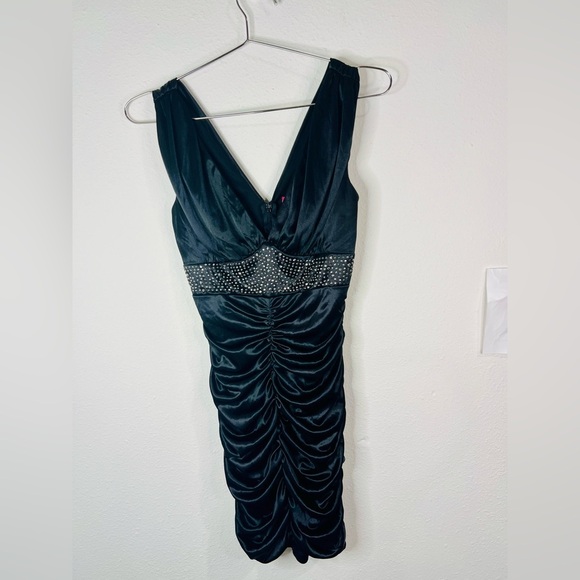 Pompous Girly Black Satin Ruched Bodycon Mini Dress Sz Small Embellished Waist - Picture 2 of 10